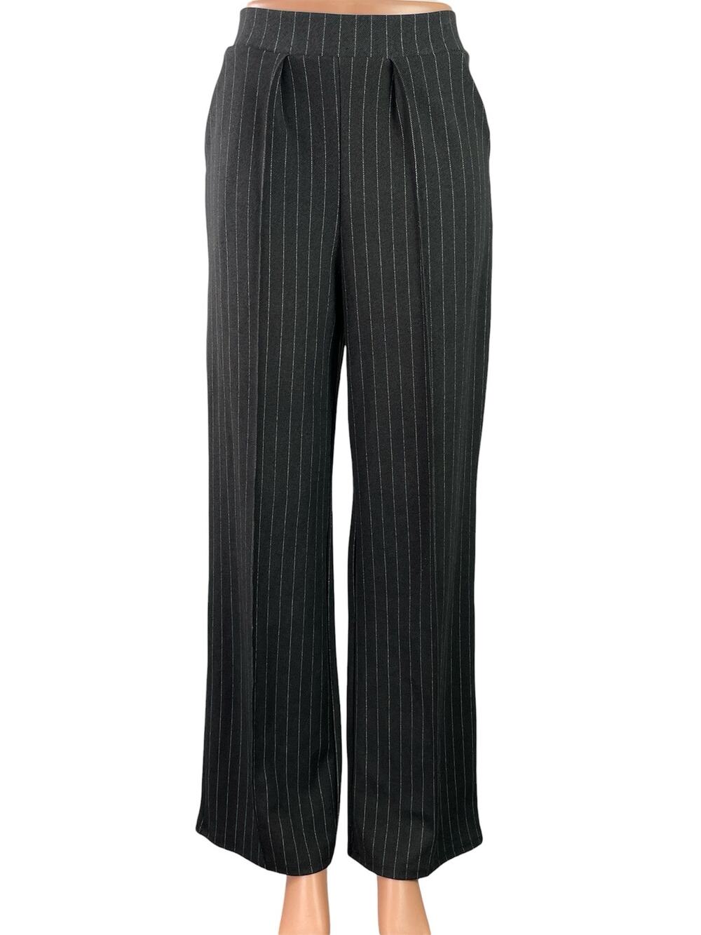 H&M Black Pinstriped Pleated Tailored Gigh Waisted Wide Leg Trouser Pants Sz  XS
